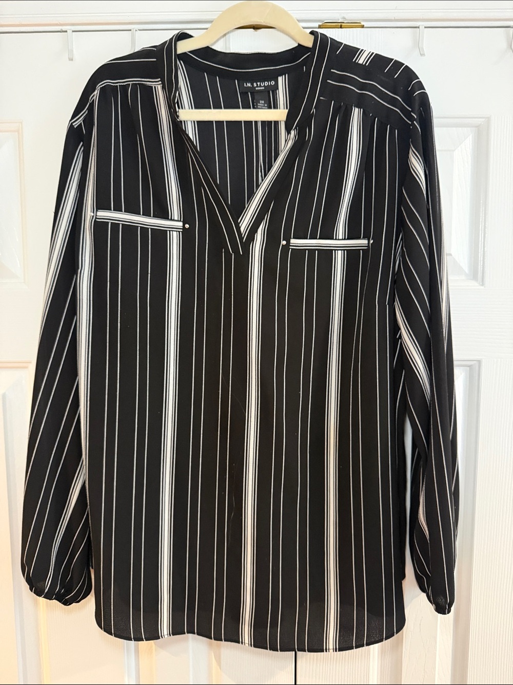 I.N. Studio Black and White Vertical Stripe Tunic Blouse